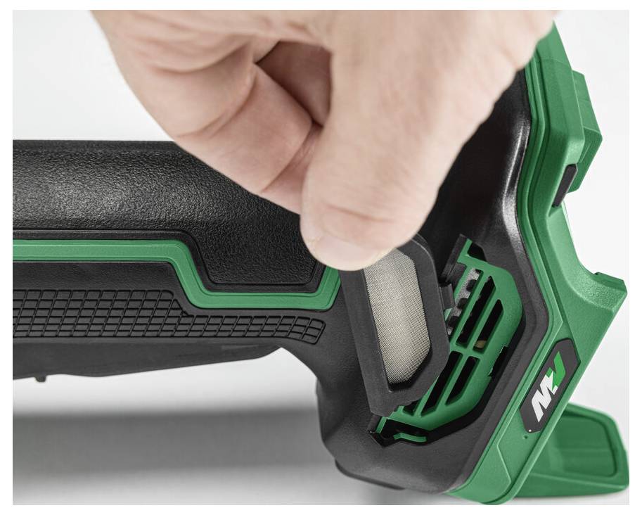 Nahaufnahme einer Hand, die ein grün-schwarzes Elektrowerkzeug justiert, wobei das Lüftungssystem, die Griffstruktur und die Markeninitiale ‚FN' zu sehen sind.