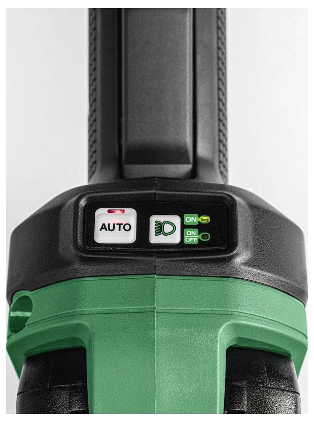 Nahaufnahme eines grünen und schwarzen Elektrowerkzeugs mit Bedienungstasten, die mit 