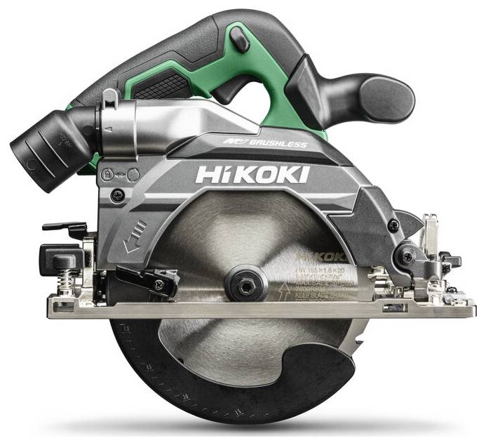 Eine HiKoki Kreissäge mit bürstenlosem Motor, die ein silber-schwarzes Design mit grünen Akzenten aufweist und zum Schneiden verschiedener Materialien verwendet wird.