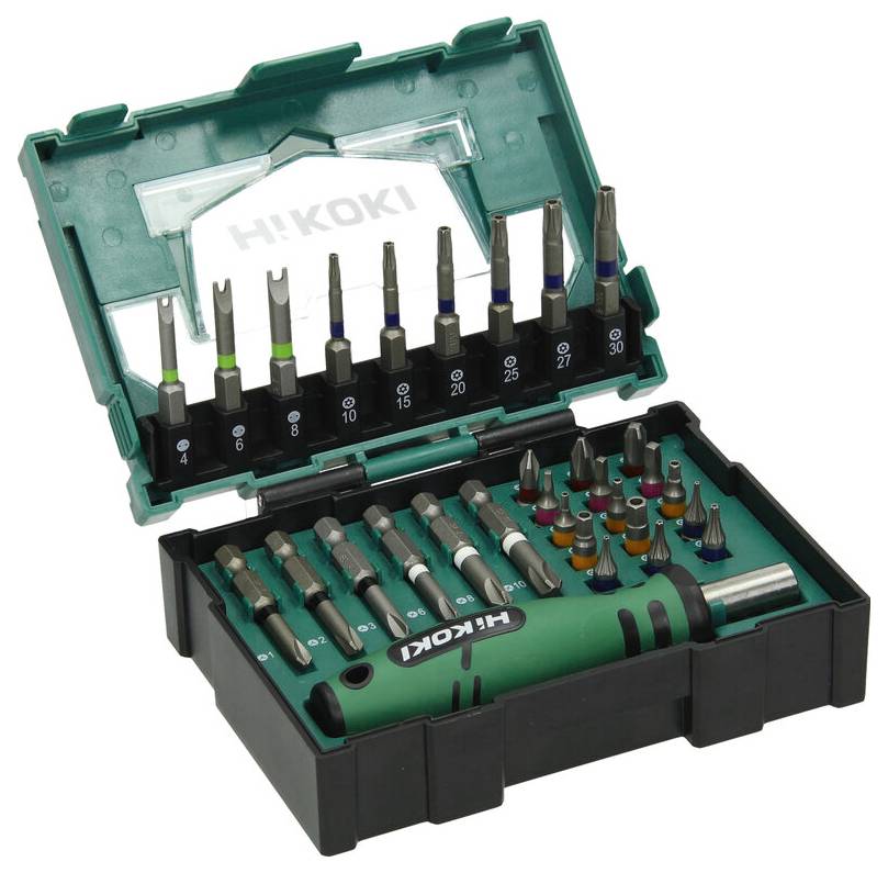 Ein 'HiKOKI' Marken-Bohrersatz in Grün und Schwarz mit mehreren Bohrern in einer schwarzen Kunststoffbox, in Reihen organisiert, mit geöffnetem Deckel.