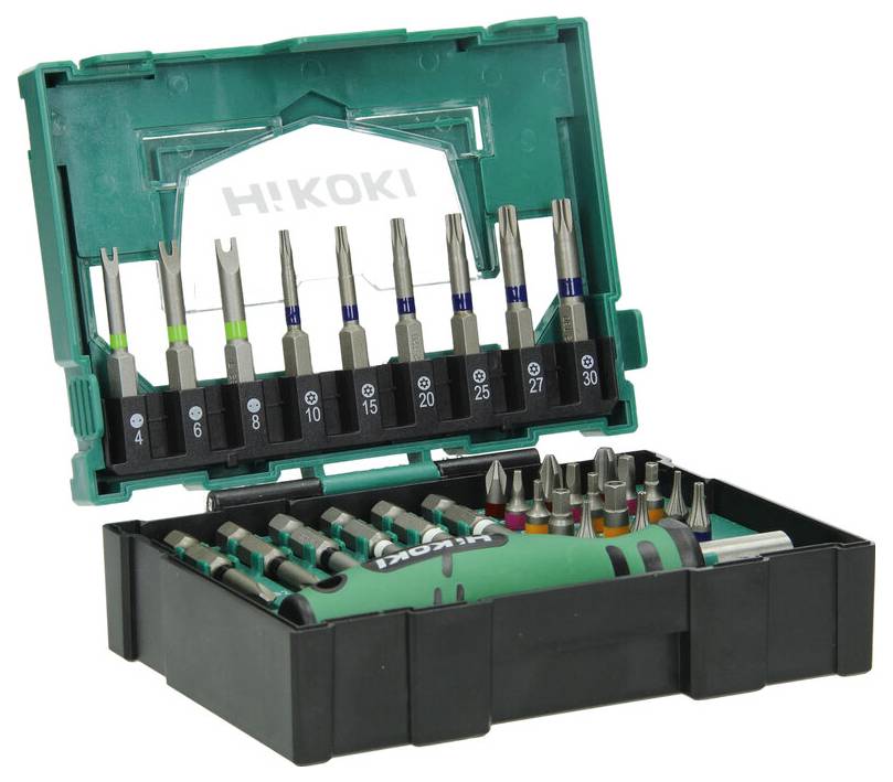 Eine grüne und schwarze Etui mit verschiedenen Schraubendreher-Einsätzen und einem Griff, beschriftet mit unterschiedlichen Größen für mechanische Aufgaben.