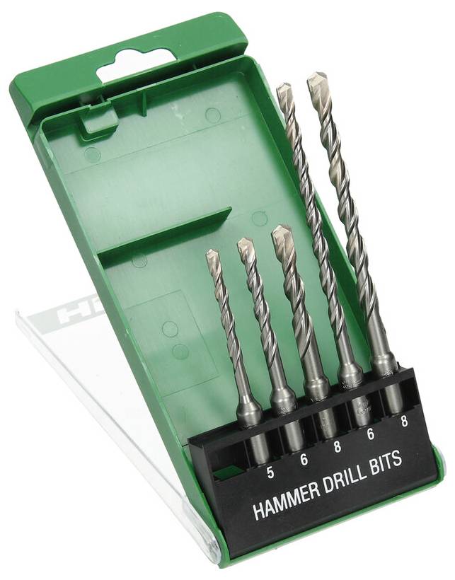 Bohrhammer-Bohrer 5-8 in einem grünen Etui, die fünf verschiedene Bohrergrößen von kleinst nach größt angeordnet zeigen.