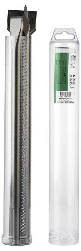 Ein langes, metallisches Werkzeug mit scharfen Kanten in einem transparenten Zylinderbehälter, möglicherweise ein Meißel oder ein ähnliches Schneidwerkzeug, neben seiner Verpackung.