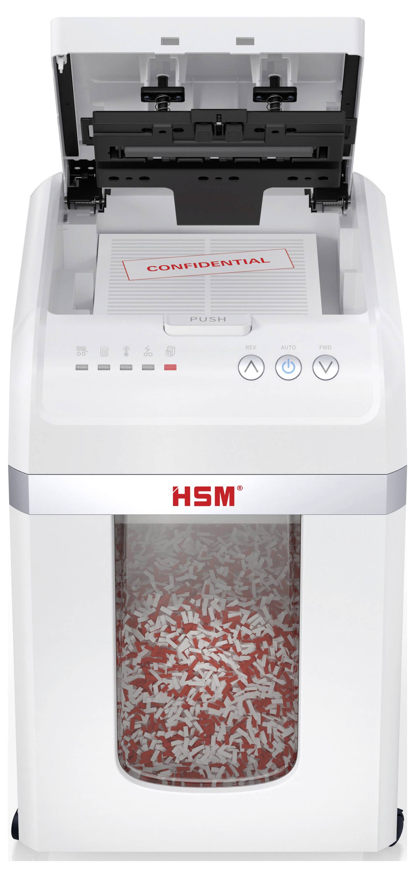 Ein Aktenvernichter mit offenem Deckel zerstört ein Blatt, das mit 