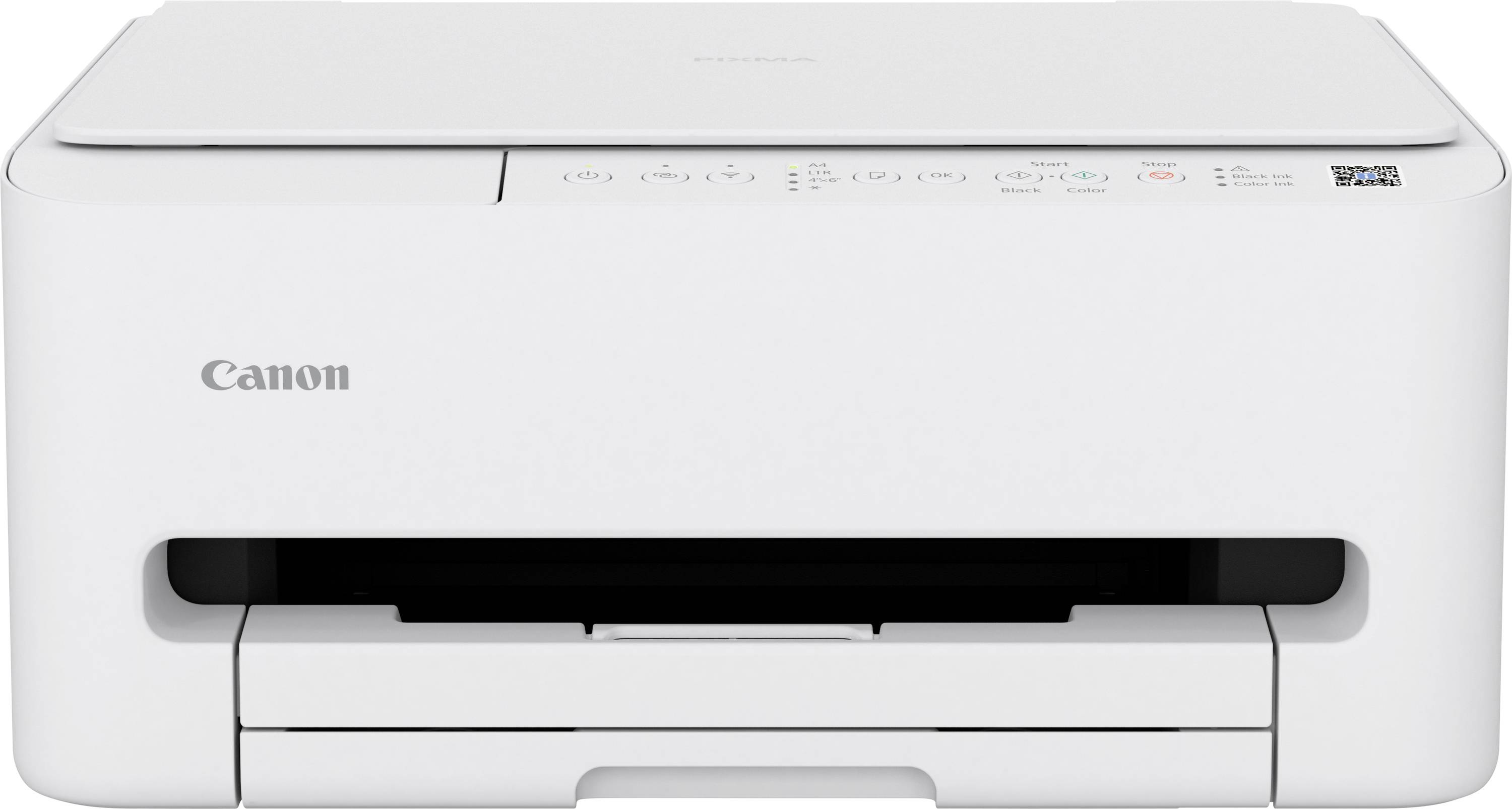 Ein weißer Canon-Drucker mit einem Papierfach, einer Bedienungsoberfläche mit mehreren Tasten und einem kleinen 'Canon'-Logo an der Vorderseite.