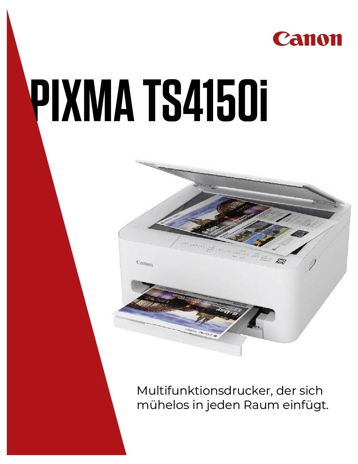 Canon PIXMA TS4150i, ein weißer Multifunktionsdrucker mit abgebildeten Fotos. Text: 'Multifunktionsdrucker, der sich mühelos in jeden Raum einfügt.'