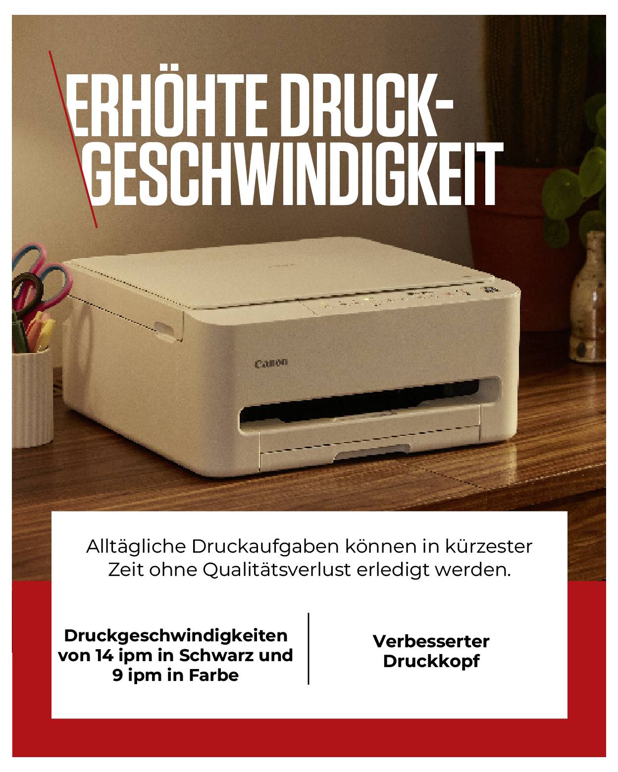 Drucker in Büroeinrichtung. Text: Erhöhte Druckgeschwindigkeit. Druckgeschwindigkeiten von 14 ipm in Schwarz und 9 ipm in Farbe.