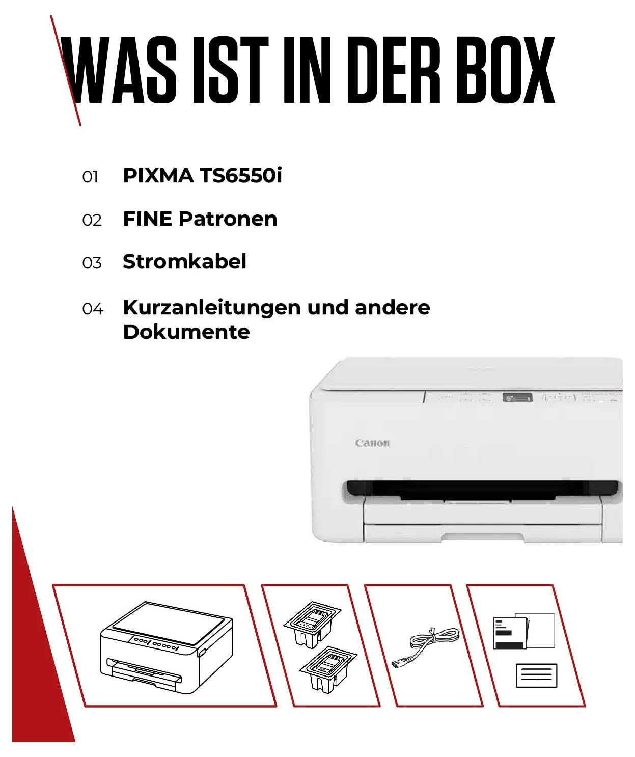 'Was ist in der Box': Canon Pixma TS6550i Drucker, FINE Patronen, Stromkabel, Kurzanleitungen und andere Dokumente.