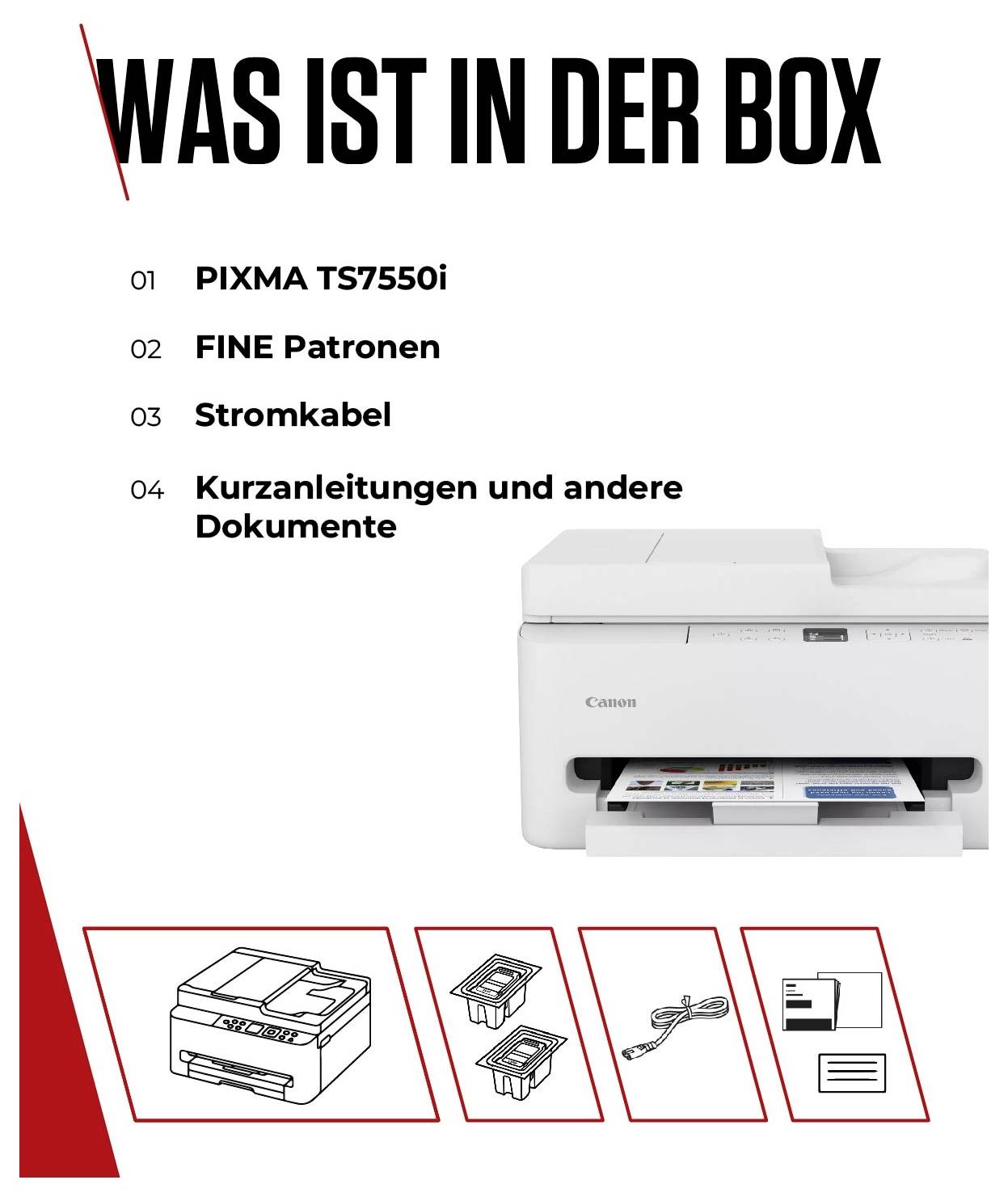 'Was ist in der Box' mit Auflistung: 01 PIXMA TS7550i, 02 FINE Patronen, 03 Stromkabel, 04 Kurzanleitungen und Dokumente. Bild eines Druckers.