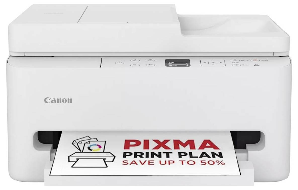 Ein weißer Drucker druckt ein Dokument mit der Aufschrift 'PIXMA Print Plan Save up to 50%'.