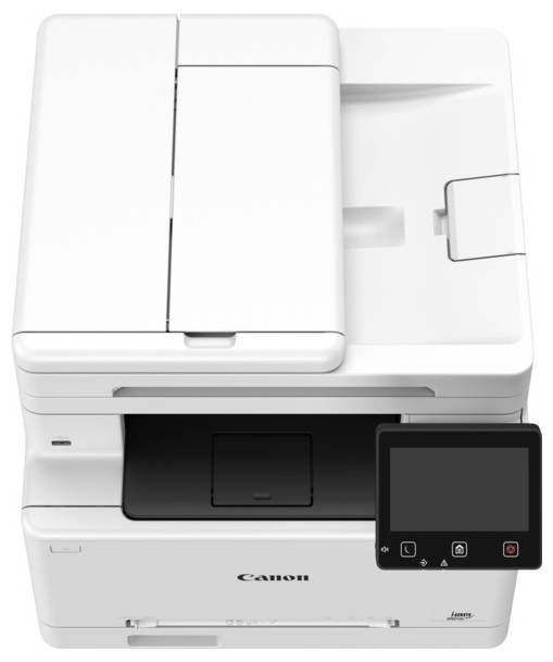 Ein weißer Bürodrucker mit einem digitalen Touchpad.