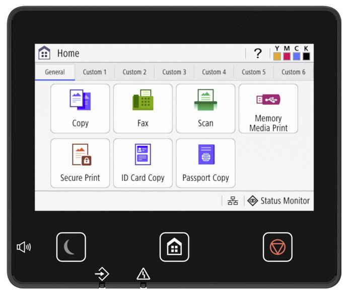 Eine Touchscreen-Schnittstelle mit Optionen für 'Kopieren', 'Fax', 'Scannen', 'Drucken von Speichermedien', 'Sicheres Drucken', 'ID-Kartenkopie' und 'Reisepasskopie'.