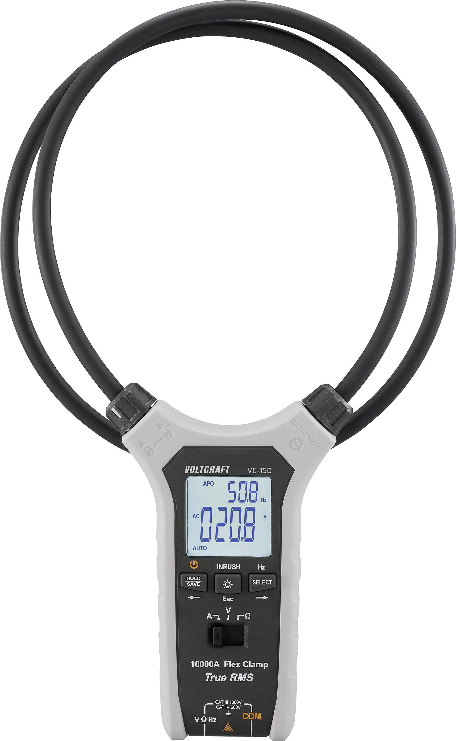 Ein digitales Multimeter mit einer großen flexiblen Klemme, das Messungen auf seinem Bildschirm anzeigt.