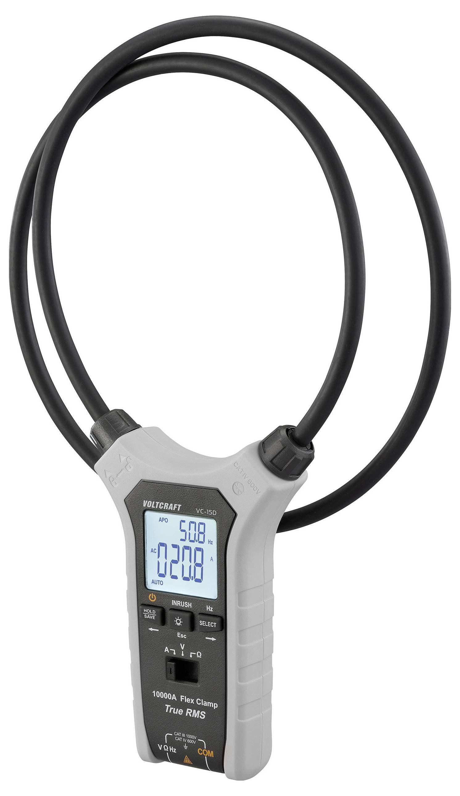 Ein tragbares digitales Zangenstrommessgerät mit flexibler Schleife, das Messwerte auf seinem beleuchteten Display anzeigt.