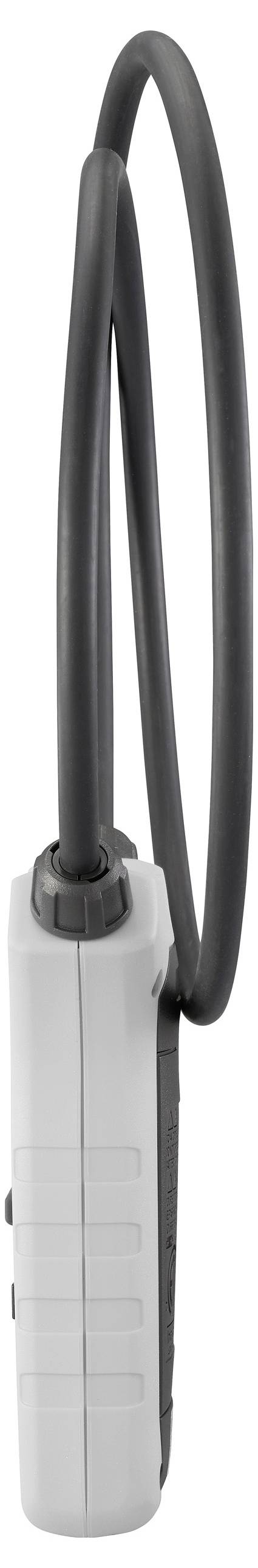 Ein grauer Kombinationsschloss mit einem flexiblen, schwarzen Kabel.