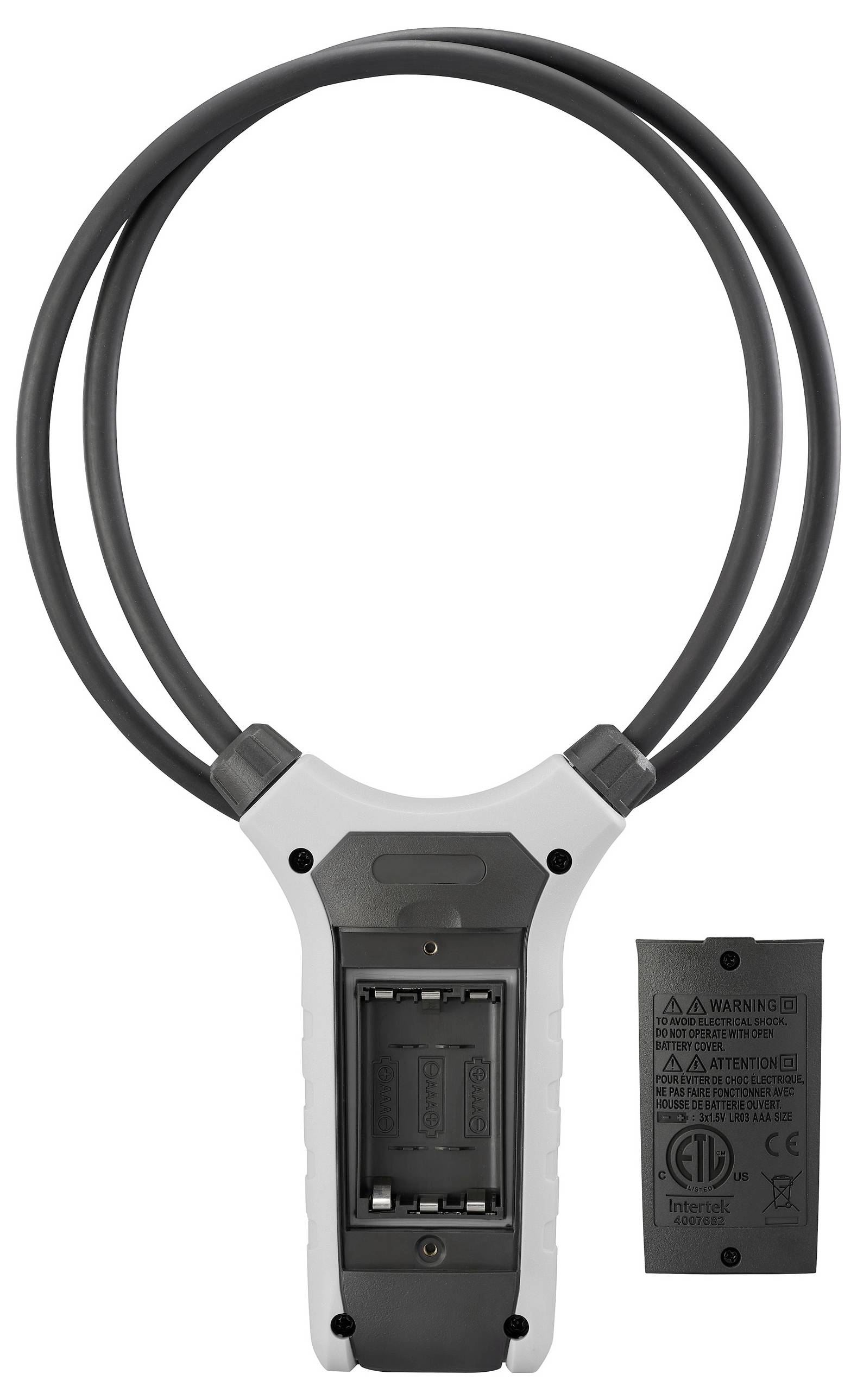 Ein Kabelgerät mit Schlaufe und rechteckiger Basis, das ein Batteriefach zeigt. Daneben befindet sich sein Deckel mit Warnhinweisen.