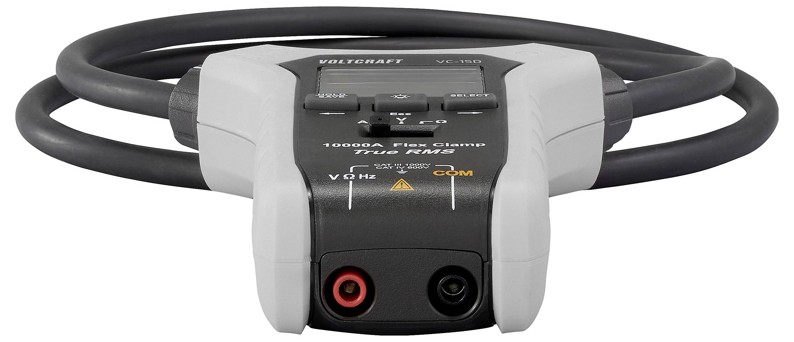Ein Voltcraft Flex-Zangenamperemeter mit gewickeltem schwarzem Kabel, ausgestattet mit zwei Eingangsbuchsen, die mit VΩHz und COM beschriftet sind, entwickelt für elektrische Messungen.