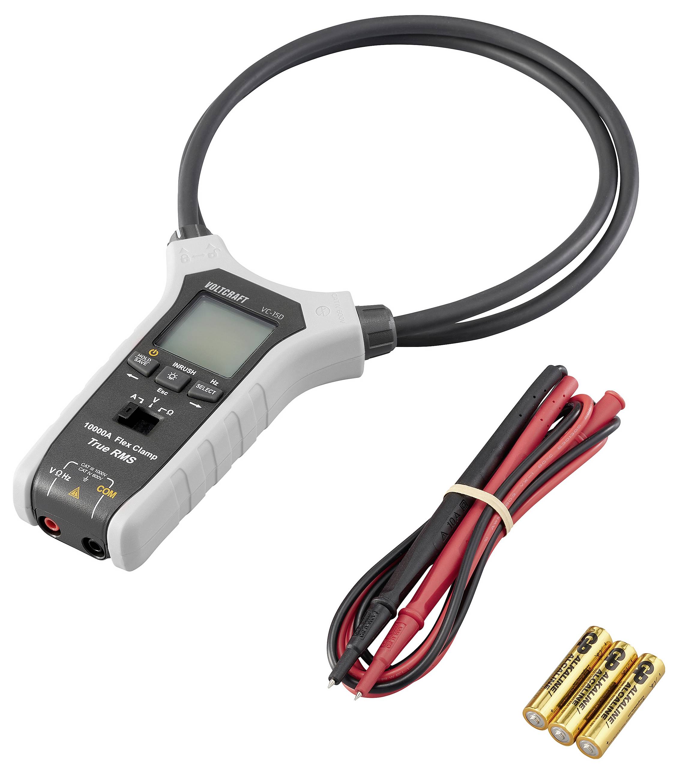Ein digitales Zangenamperemeter mit zwei Messleitungen und drei AA-Batterien. Das Gerät misst Spannung, Stromstärke und andere elektrische Parameter.