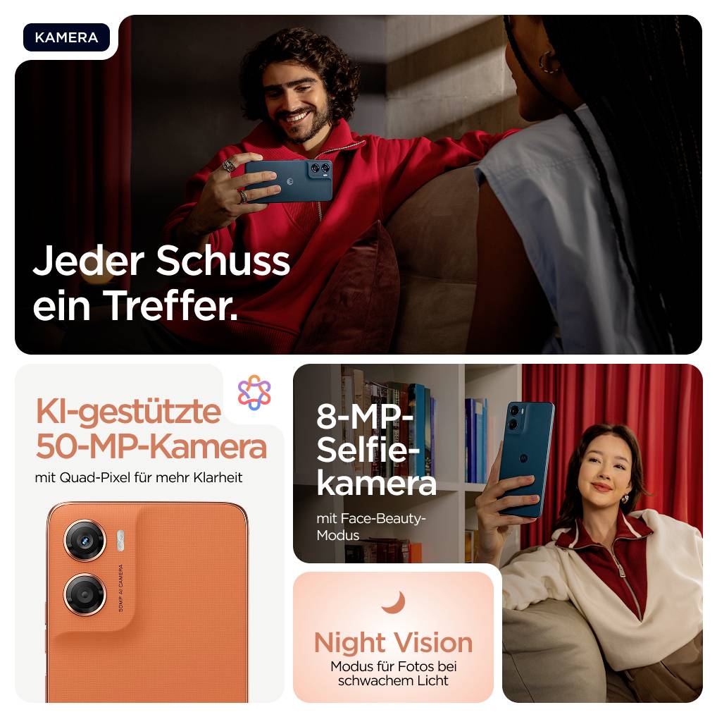 Eine Person hält ein Smartphone, nutzt die Kamera. Text: 'Jeder Schuss ein Treffer', 'KI-gestützte 50-MP-Kamera', '8-MP-Selfiekamera', 'Night Vision'.