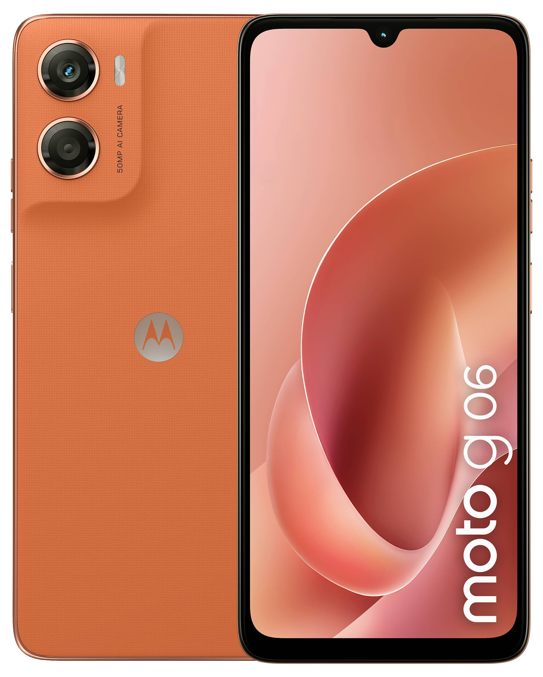 Schräge Ansicht eines Motorola Moto G 06 Smartphones mit Frontdisplay mit abstraktem Design und dualen Rückkameras, die das technische Design hervorheben.