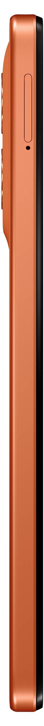 Ein schlankes, orangefarbenes elektronisches Gerät von der Seite betrachtet, das eine schmale Kante mit einem Netzschalter und schwarzer Akzentuierung zeigt.