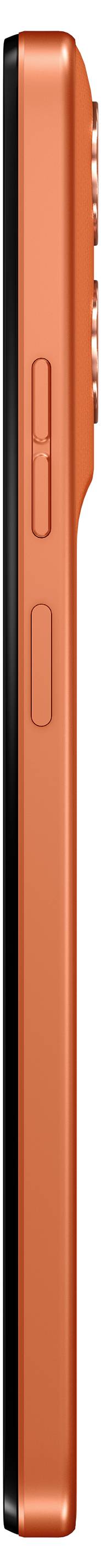 Seitenansicht eines orangefarbenen Geräts mit schwarzer Bildschirmkante, das zwei Tasten an der Seite aufweist.