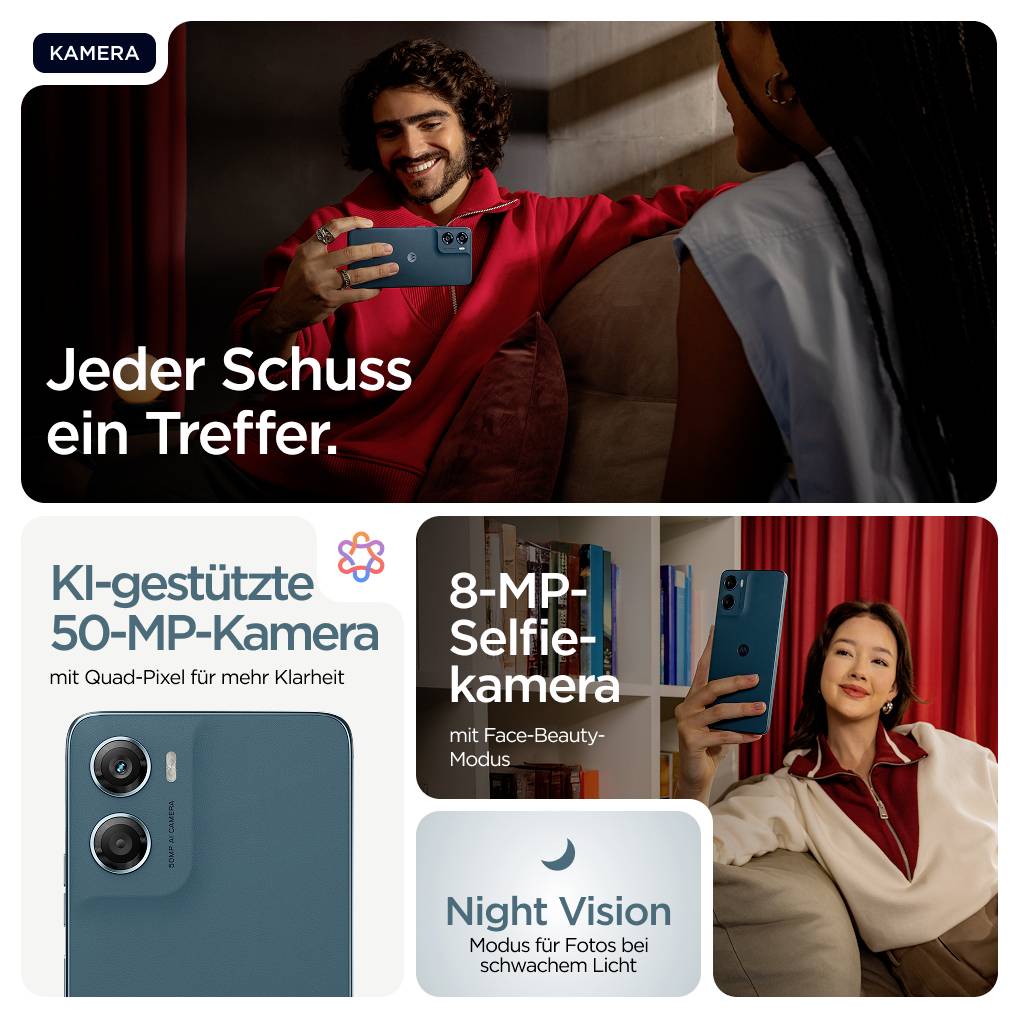 Eine Person mit einem Bart und einem roten Pullover hält ein Smartphone und lächelt eine Frau auf einem Sofa an. Der Text hebt die 50-MP-Kamera und die KI-Funktionen des Telefons hervor.