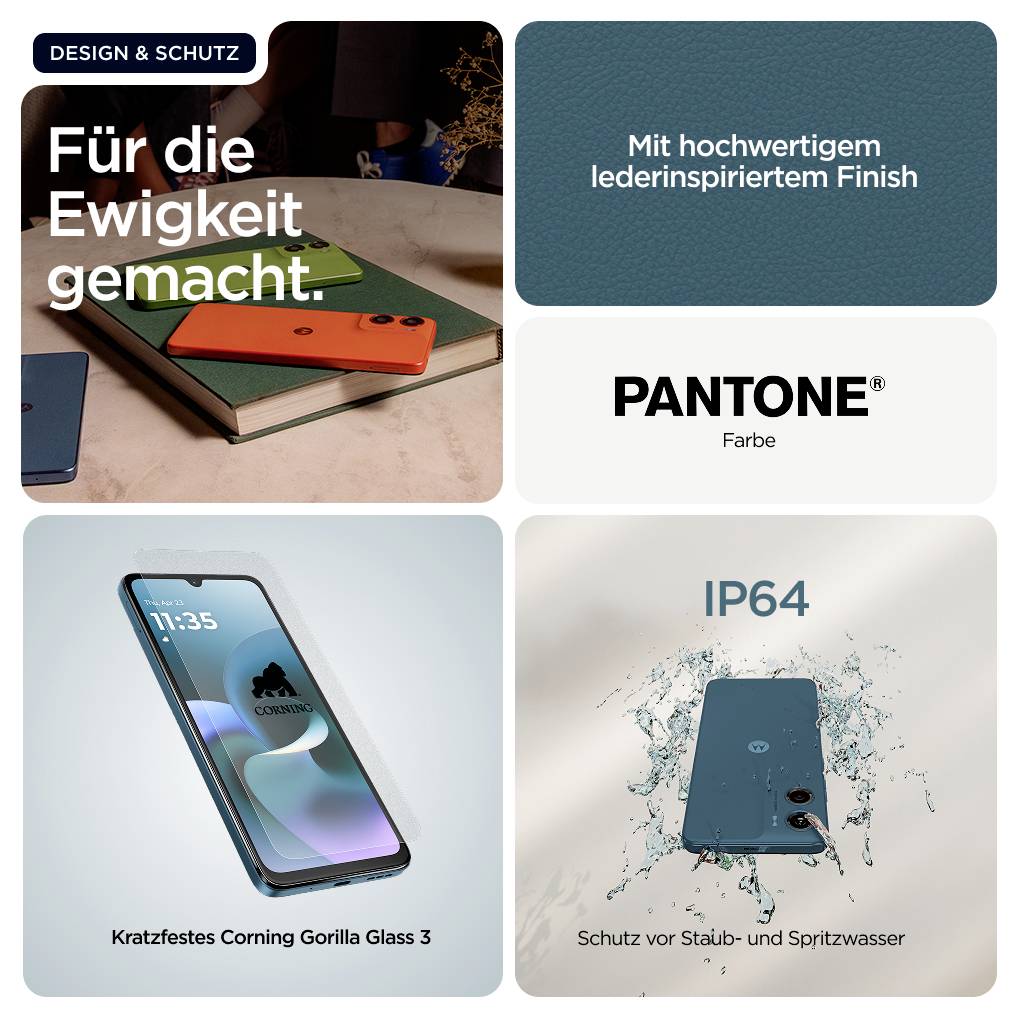 Design & Schutz. Geschaffen für die Ewigkeit. Mit hochwertiger lederinspirierter Oberfläche. Pantone Farbe. Kratzfestes Corning Gorilla Glas 3. IP64 Schutz gegen Staub und Spritzwasser.