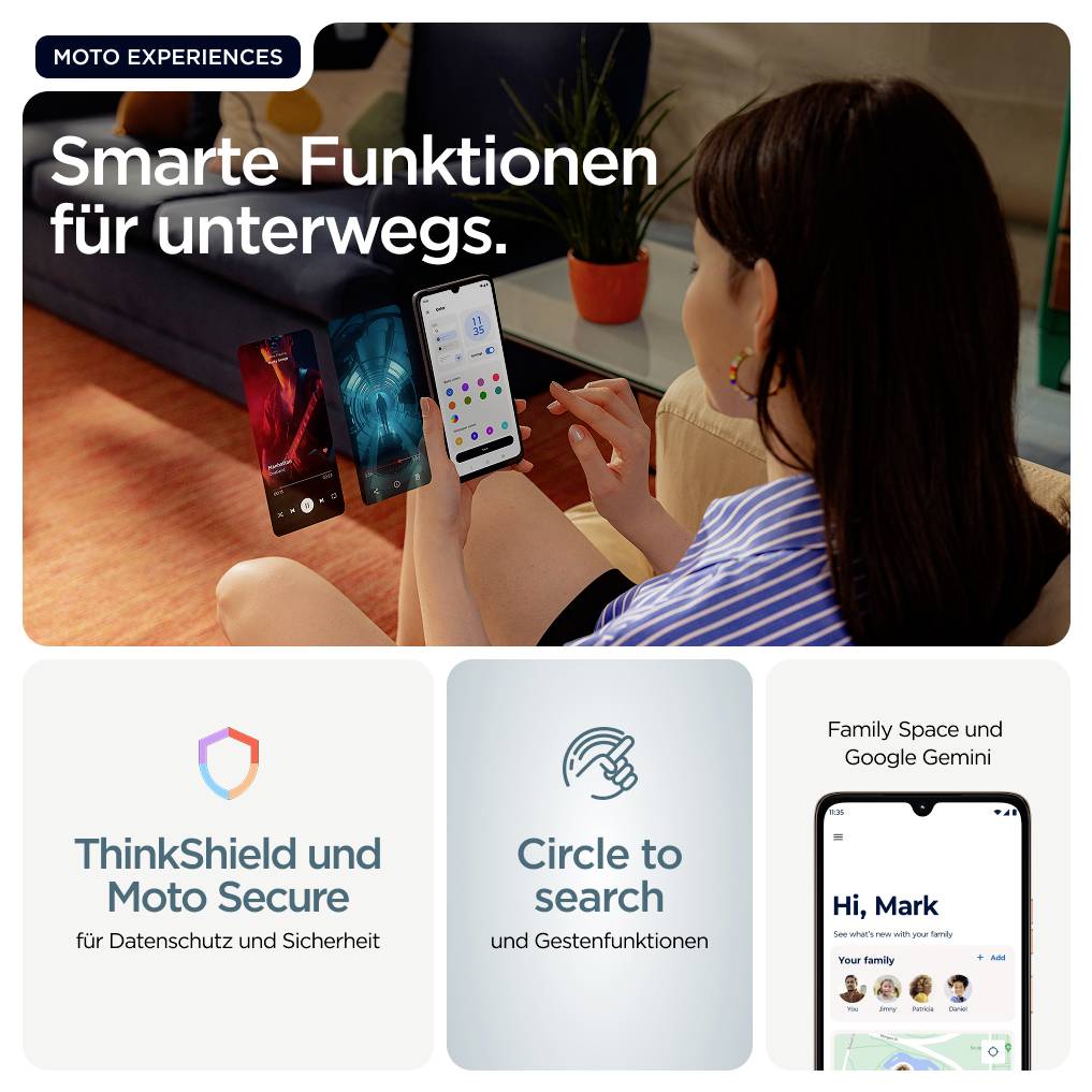 Eine Frau überprüft ein Smartphone; Bildschirme zeigen Sicherheits- und Gestenfunktionen. Der Text lautet: 'Smarte Funktionen für unterwegs.' Darunter befinden sich Felder, die Sicherheits- und Suchfunktionen mit Symbolen darstellen.