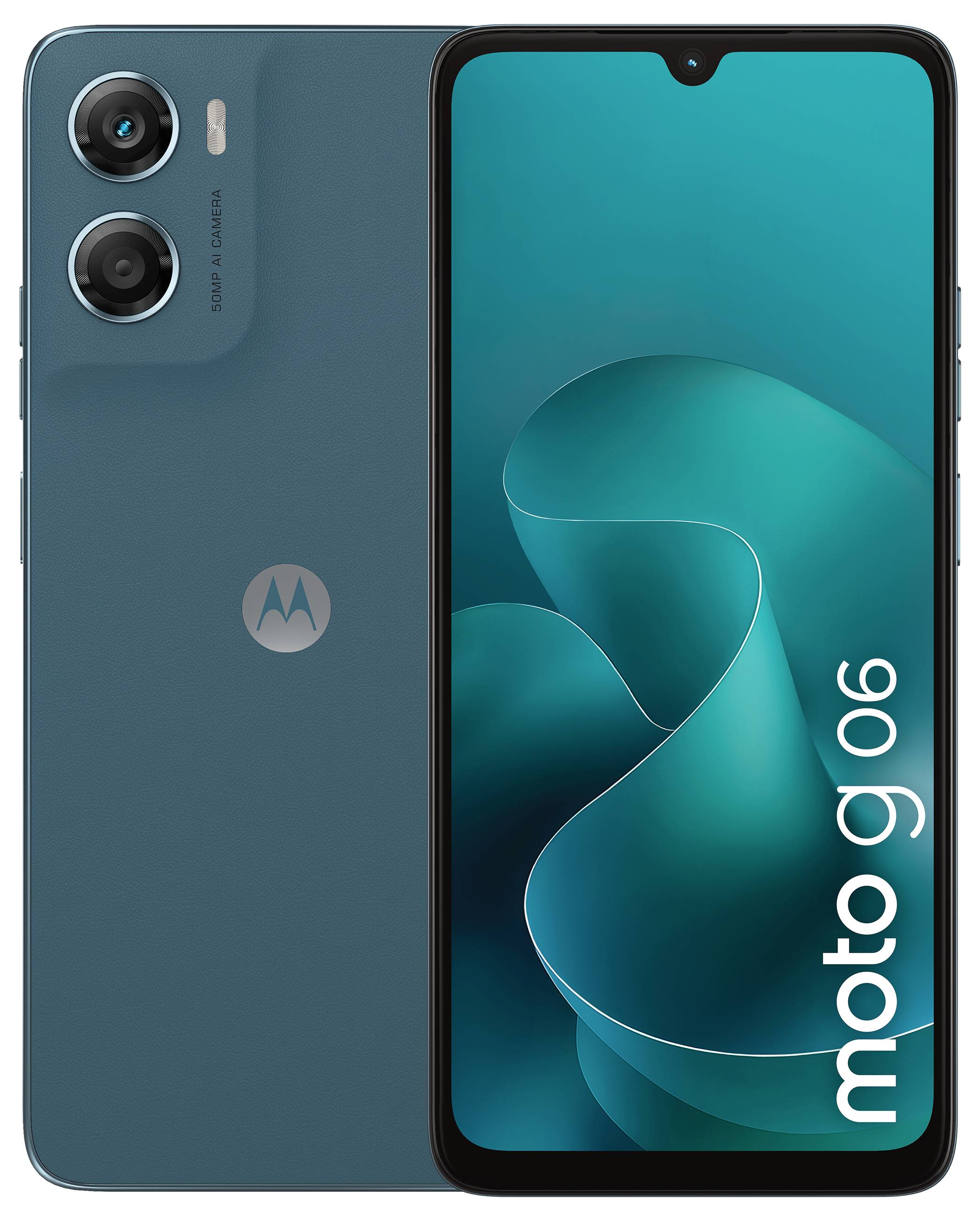 Vorder- und Rückansicht eines türkisfarbenen Smartphones mit Dual-Kameras. Der Bildschirm zeigt abstrakte Formen und den Text 