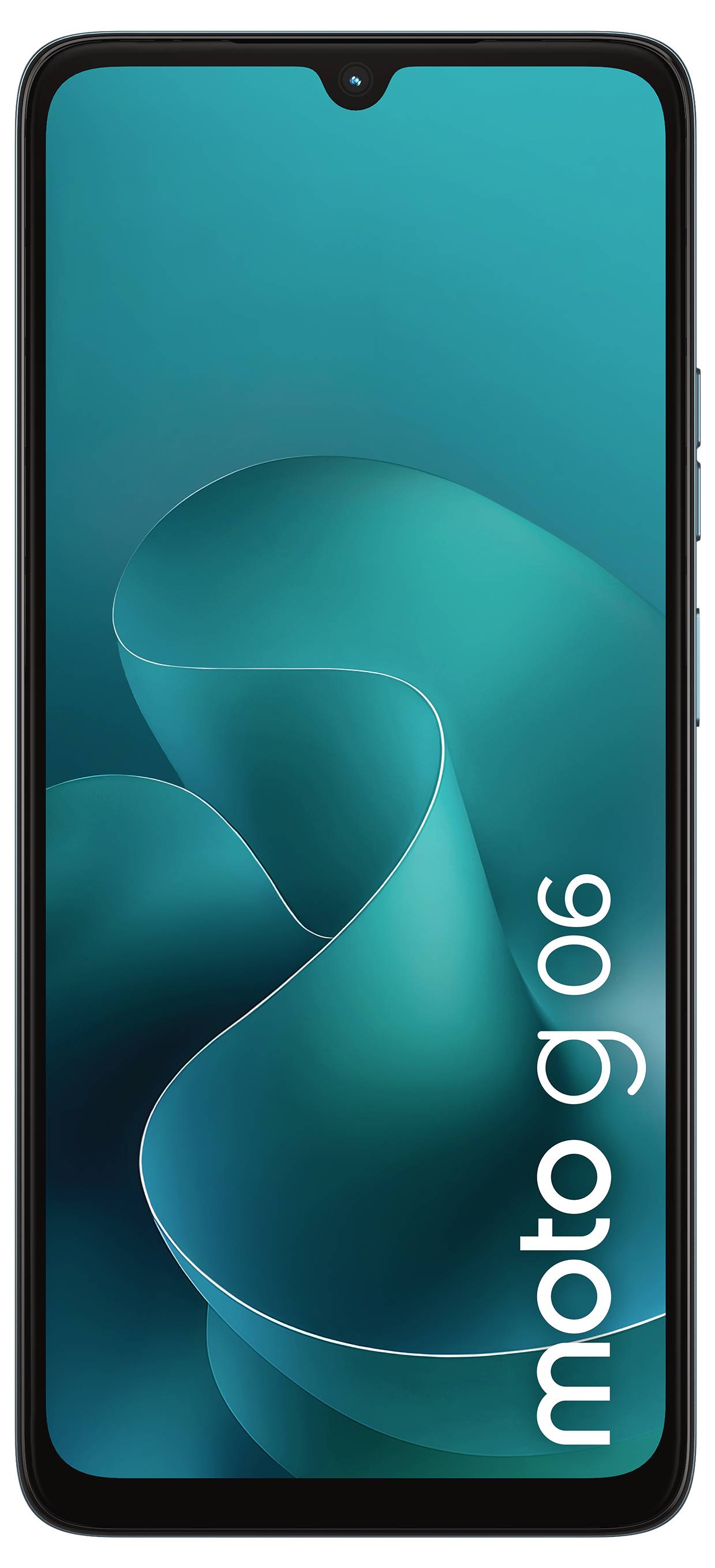 Smartphone mit einem türkisfarbenen abstrakten Hintergrund, auf dem vertikal auf der rechten Bildschirmseite der Text 