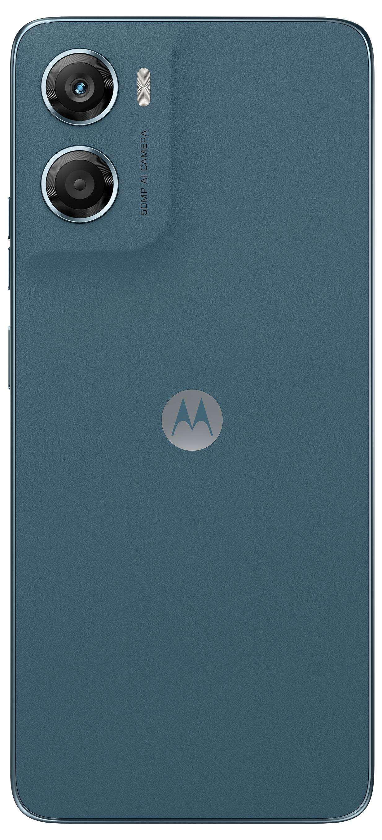 Rückansicht eines türkisfarbenen Smartphones mit zwei Rückkameras und einem zentrierten Logo.