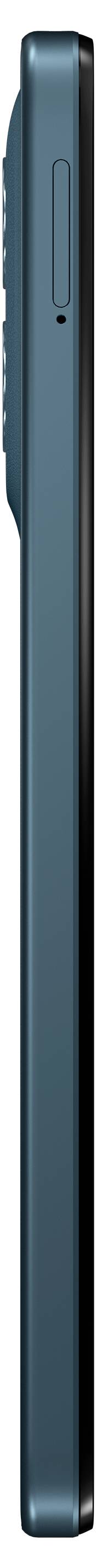 Ein schlankes, türkisfarbenes Smartphone, von der Seite betrachtet, das sein dünnes Profil und einen einzelnen Knopf am Rand präsentiert.