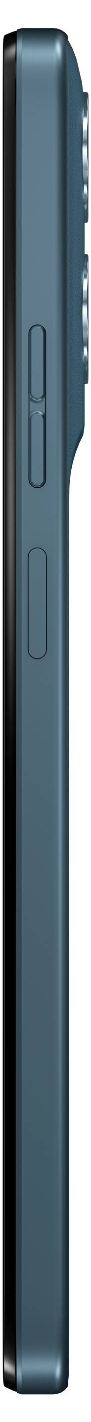 Seitenansicht eines modernen Smartphones in Petrolfarbe, mit Lautstärketasten und einem leicht hervorstehenden Kameramodul.