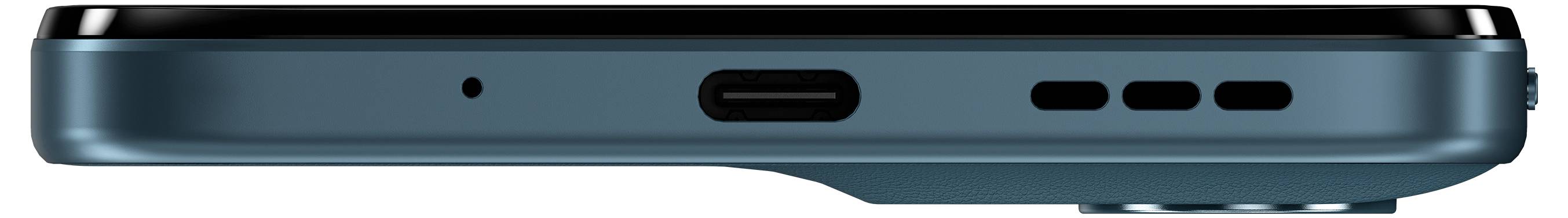 Eine Seitenansicht eines Smartphones, die dessen Ladeanschluss, Lautsprecherlöcher und Kantendesign auf einem türkisfarbenen Gerät zeigt.