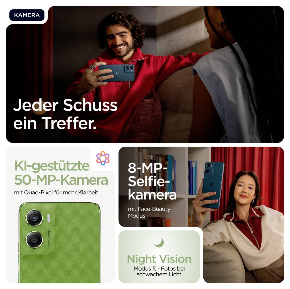 Eine Person hält ein grünes Smartphone und zeigt dessen Kamerafunktionen: KI-unterstützte 50-MP-Kamera, 8-MP-Frontkamera und Nachtmodus.