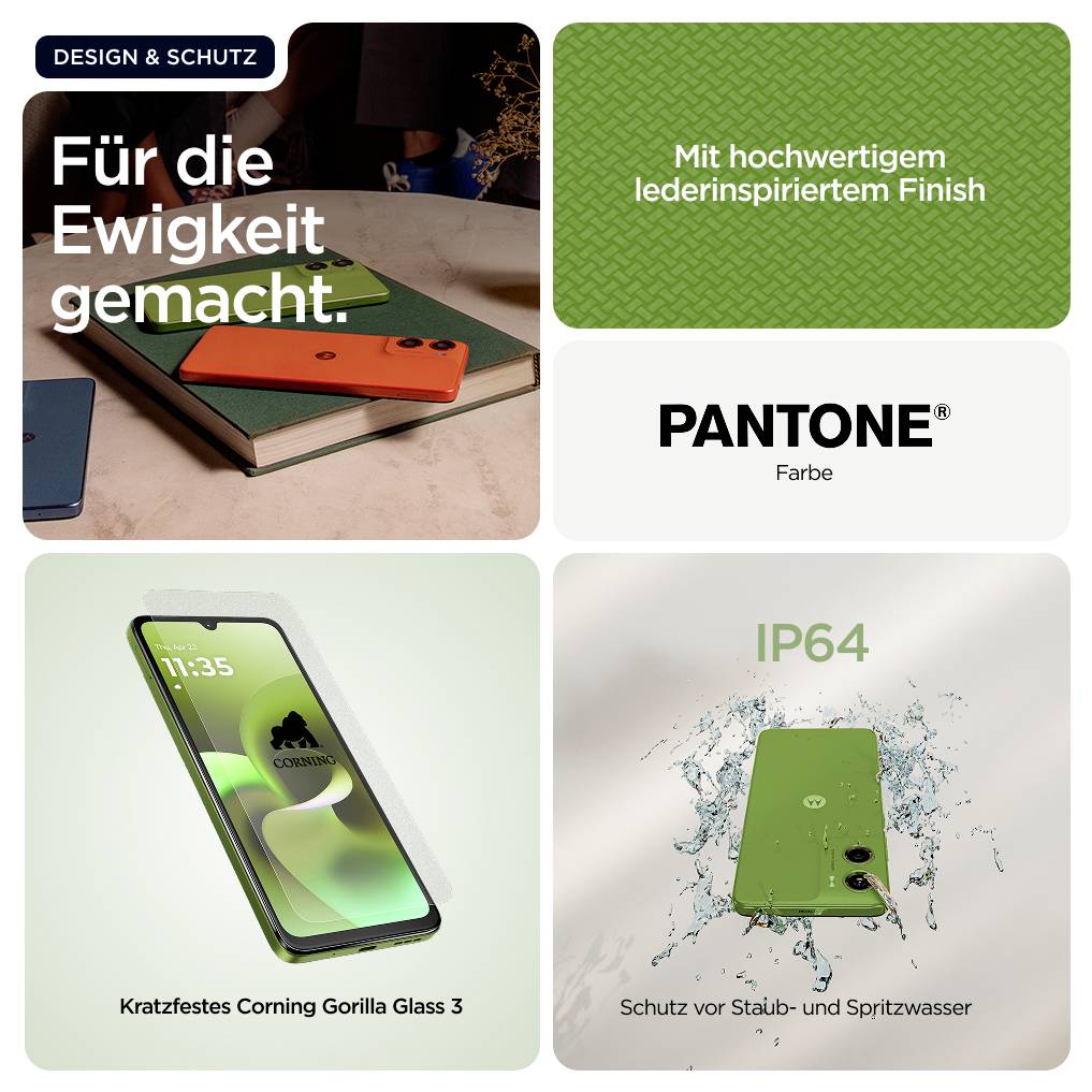 Werbung für Smartphones: Betonung auf robustem, lederähnlichem Design, kratzfestem Gorilla Glass 3 und Schutz gegen Staub und Wasser (IP64).