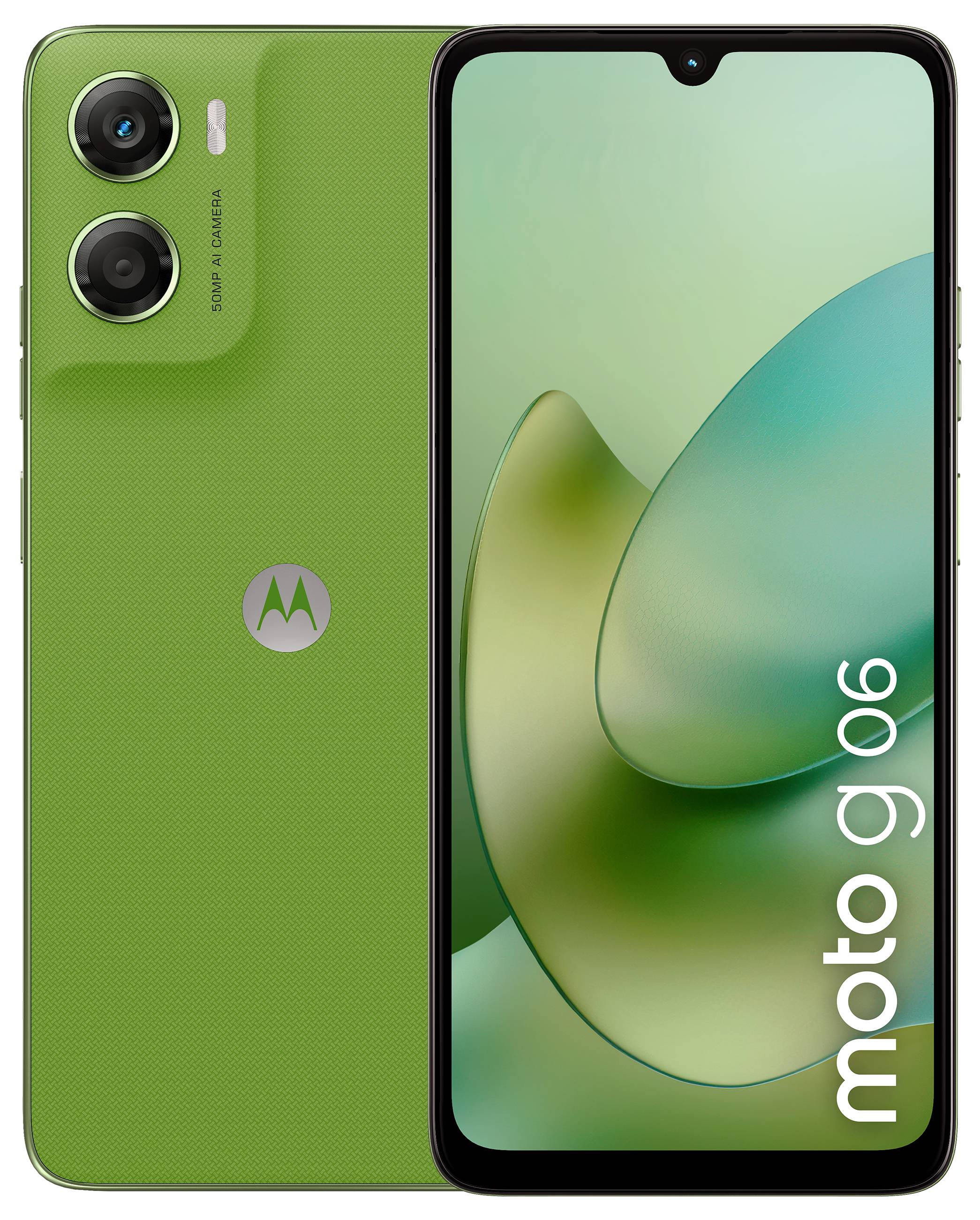 Ein grünes Smartphone mit zwei hinteren Kameras mit der Bezeichnung „50-MP-KI-Kamera