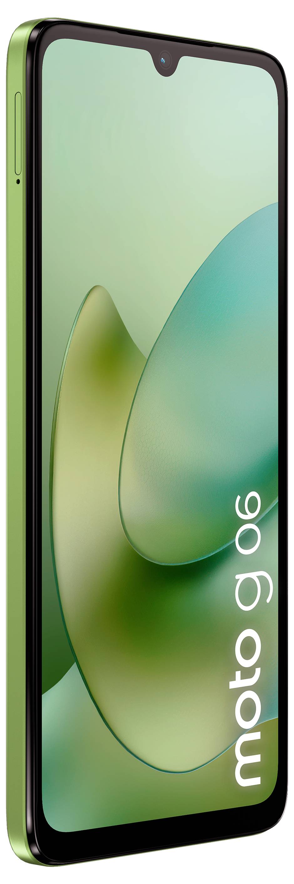 Ein grünes Smartphone, das Motorola Moto G6, präsentiert ein schlankes Design mit einer Tropfenkerbe und einem modernen Display auf der Vorderseite, aus einem Winkel betrachtet.