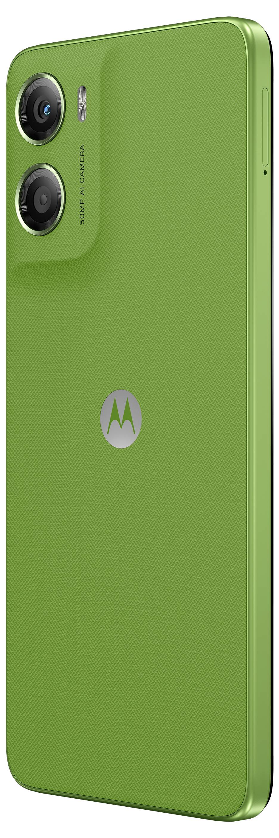 Ein grünes Smartphone mit dual Rückkameras, die vertikal oben links positioniert sind. Das Markenlogo ist zentriert auf der Rückseite.