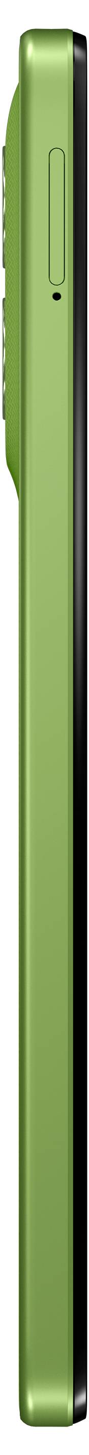 Seitenansicht eines grünen Smartphones mit Kameramodul und Lautstärketaste an der Seite.