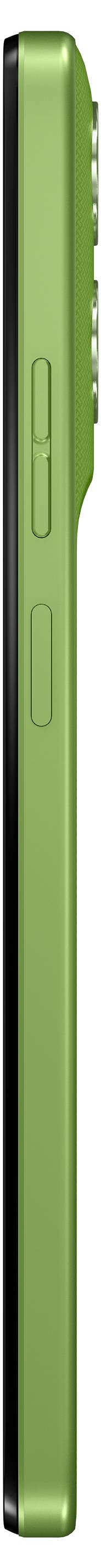 Eine Seitenansicht eines grünen Smartphones, die die Lautstärketasten und ein leicht hervorstehendes Kameramodul auf der Rückseite zeigt.