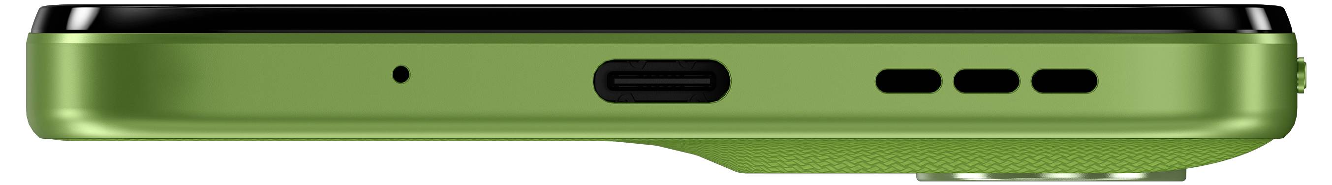 Eine Nahaufnahme aus Seitenperspektive eines grünen Smartphones mit einem zentralen Ladeanschluss, einem kleinen Mikrofonloch links und drei Lautsprecheröffnungen rechts.