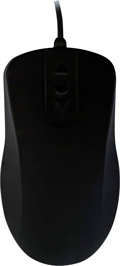 Eine schwarze kabelgebundene Computermaus mit zwei Tasten und einem Scrollrad, von oben betrachtet.