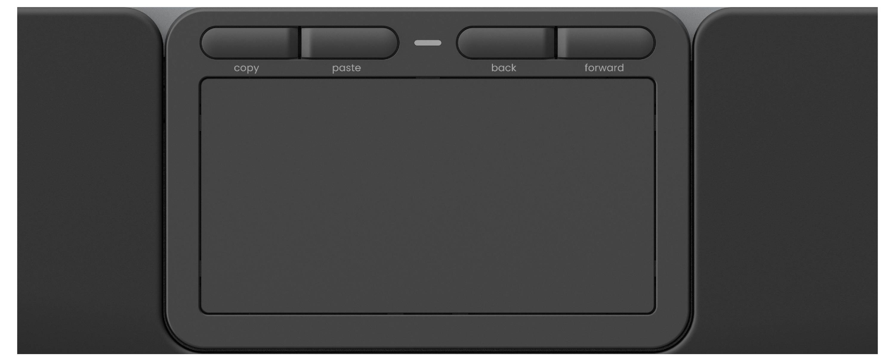 Ein schwarzes Touchpad mit vier beschrifteten Tasten oben: 
