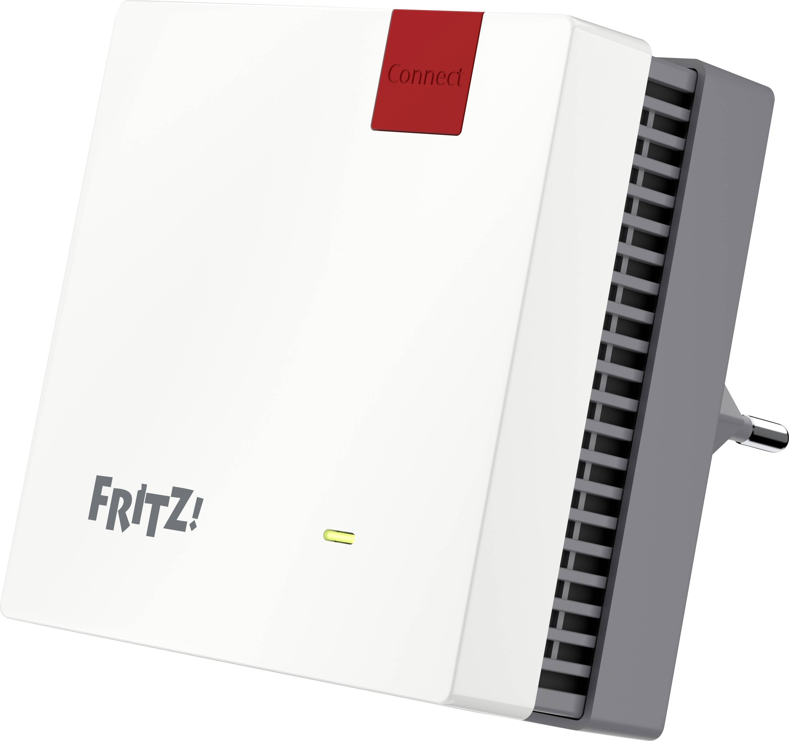 Ein weißer WLAN-Repeater, der in eine Wand eingesteckt ist und das 'FRITZ!' Logo sowie einen roten 'Verbinden'-Button auf der Vorderseite zeigt.