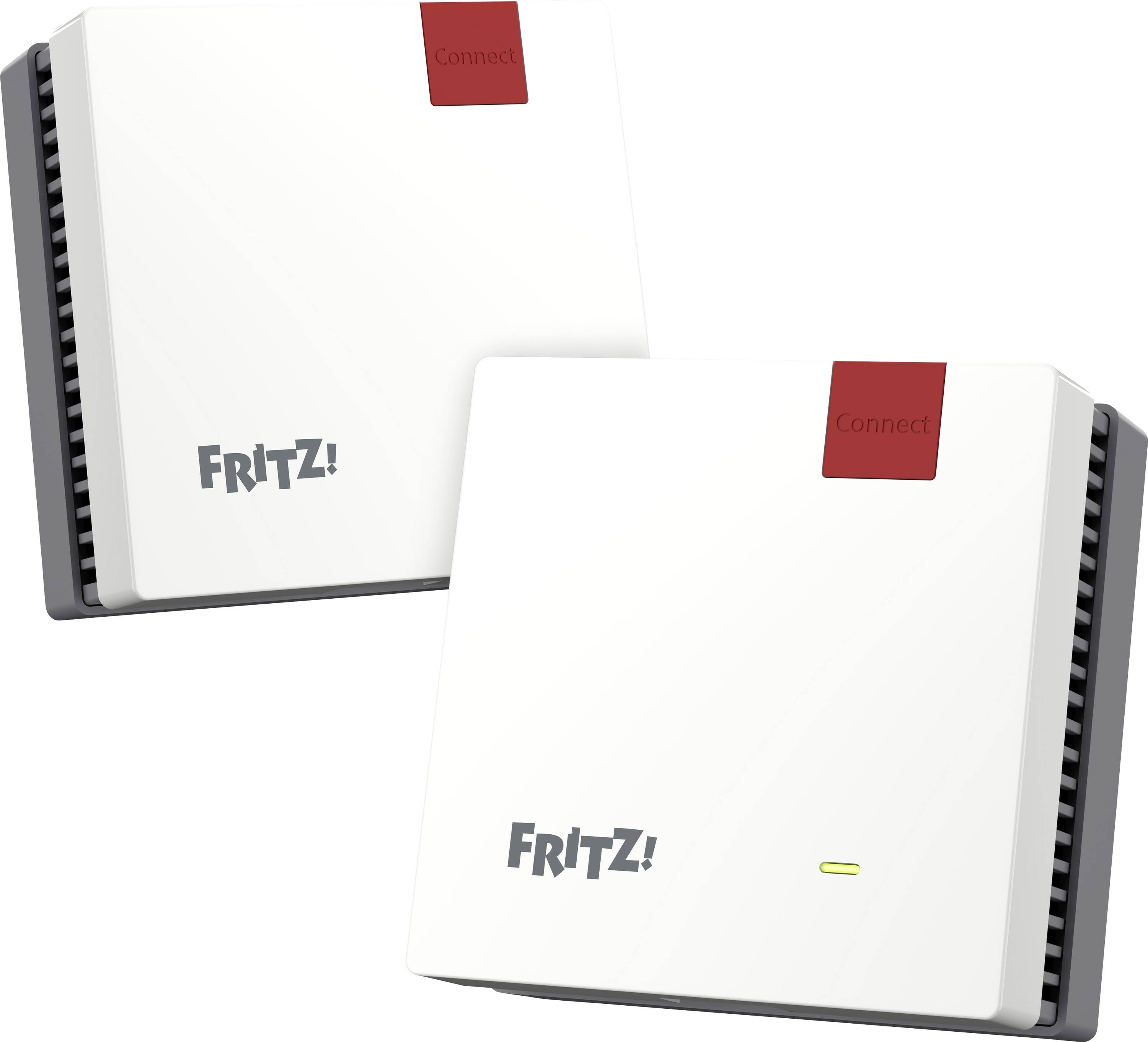 Zwei weiße Netzwerkgeräte mit 'FRITZ!'-Branding und rotem 'Connect'-Etikett, die eine Konnektivitätsfunktion andeuten, nebeneinander positioniert.