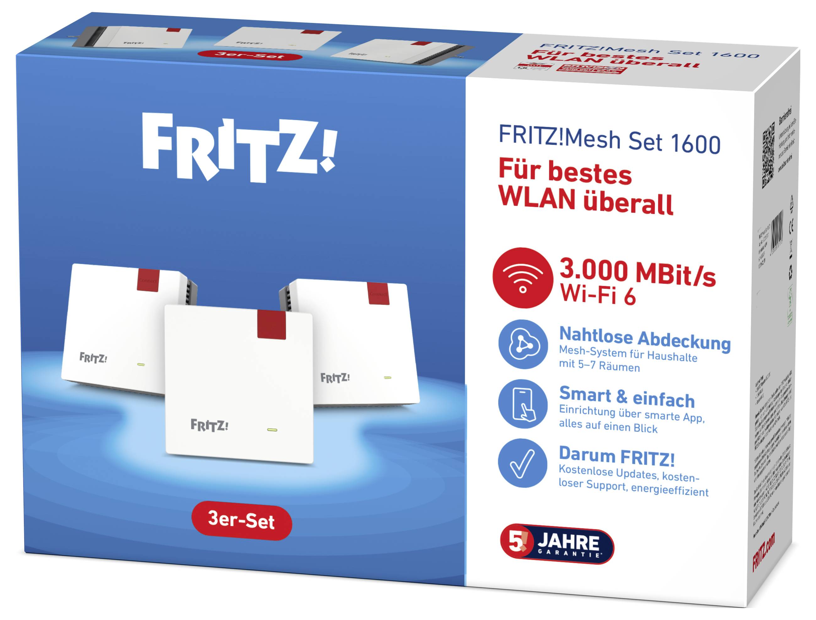 FRITZ! Mesh Set 1600 für bestes WLAN überall. 3.000 MBit/s, WLAN 6, nahtlose Abdeckung, intelligente Steuerung, 5 Jahre Garantie. Enthält drei Geräte.