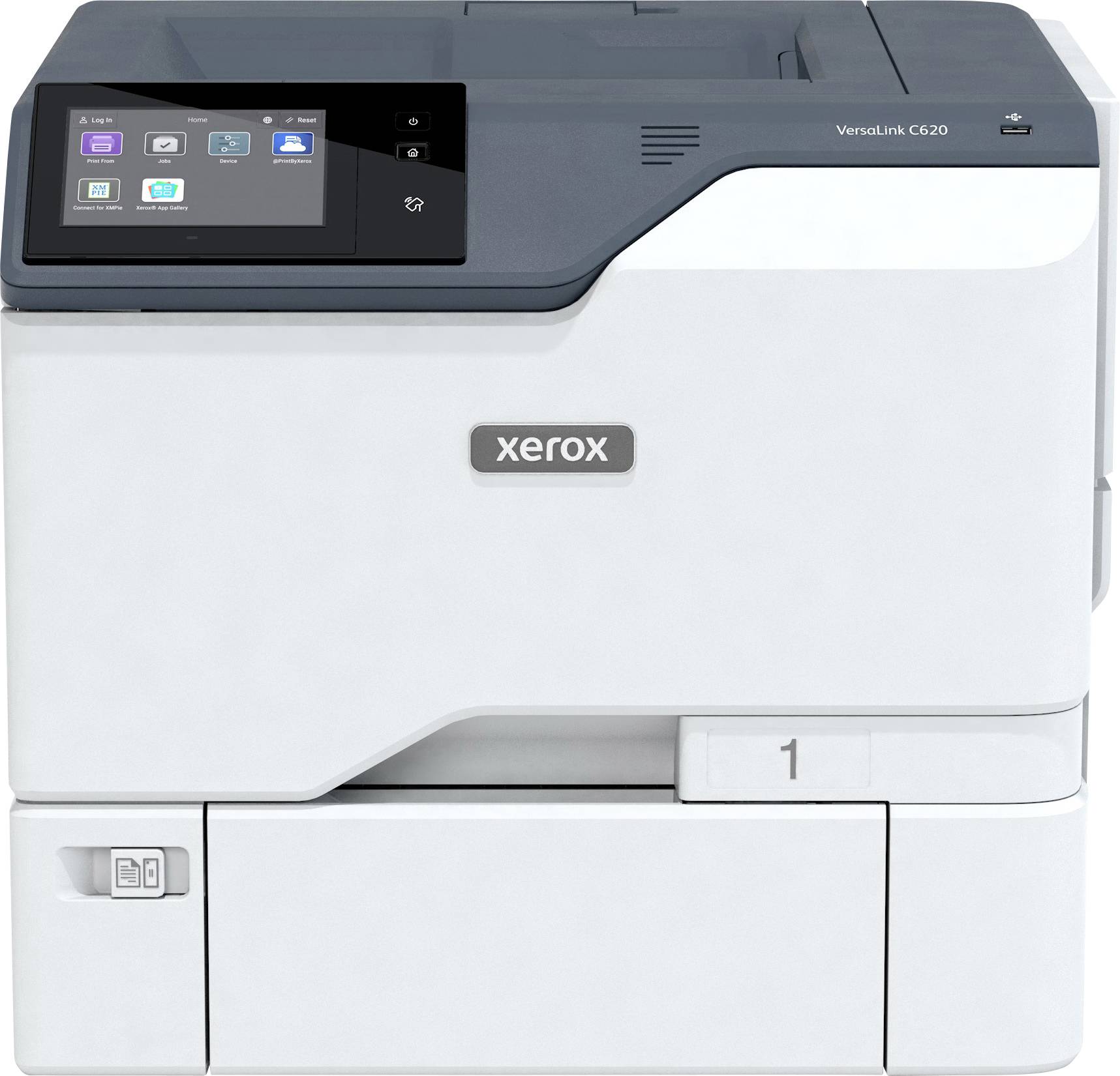 Ein Xerox VersaLink C620 Drucker mit einer Touchscreen-Oberfläche, der mehrere Symbole zeigt und dabei sein modernes Design und seine Funktionalität hervorhebt.