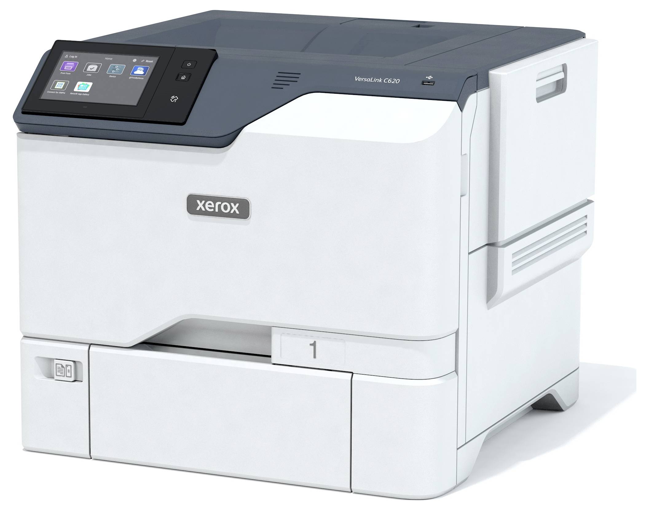 Ein Xerox Versalink C7000 Serien-Drucker mit Touchscreen-Schnittstelle, in einem Design aus Weiß und Dunkelgrau.